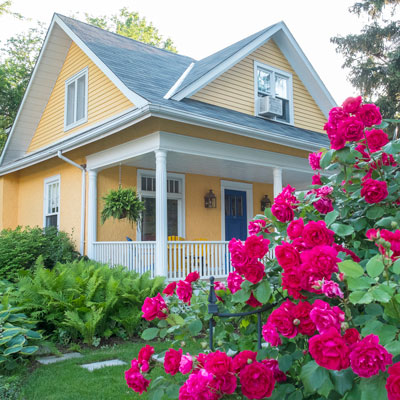 yellow house with vibrant red roses in front of it