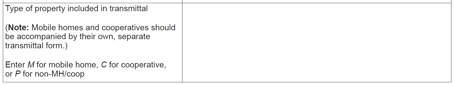 Type of property included in transmittal (Note: Mobile homes and cooperatives should be accompanied by their own, separate transmittal form.) Enter M for mobile home, C for cooperative, and P for non-MH/coop.