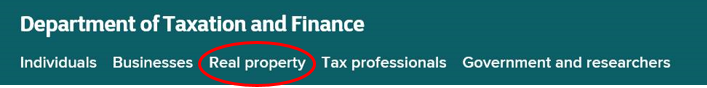 Tax Department global header with a red circle around Real property