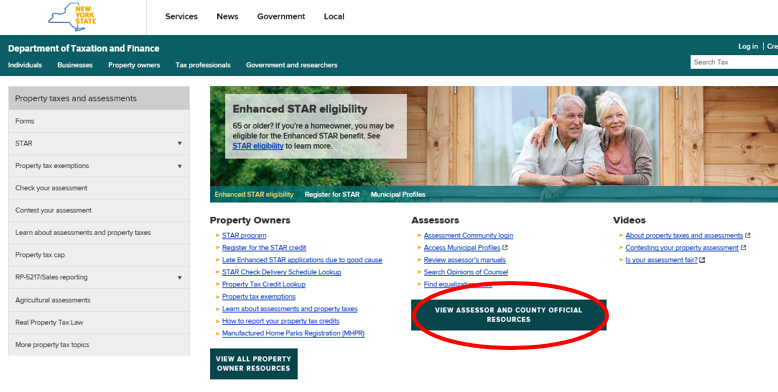 Existing Real Property landing page with a red circle around the button View Assessor and County Official Resources
