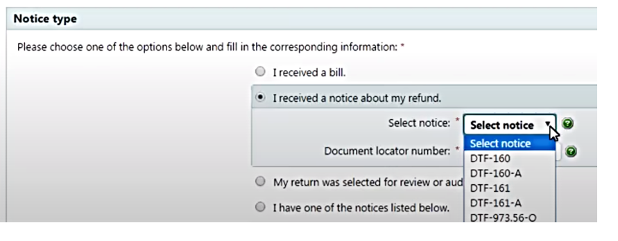 بديل [يحتوي قسم صفحة Notice type (نوع الإشعار) على قائمة منسدلة تسمى Select notice (اختر اشعارًا). تنسدل قائمة تضم أنواع الإشعارات المتاحة به بحيث يمكن اختيار إشعار واحد.