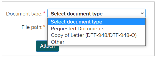 Le menu déroulant contenant les types de documents permet de choisir entre Requested Documents (Documents demandés), Copy of Letter (Copie de lettre) ou Other (Autre).