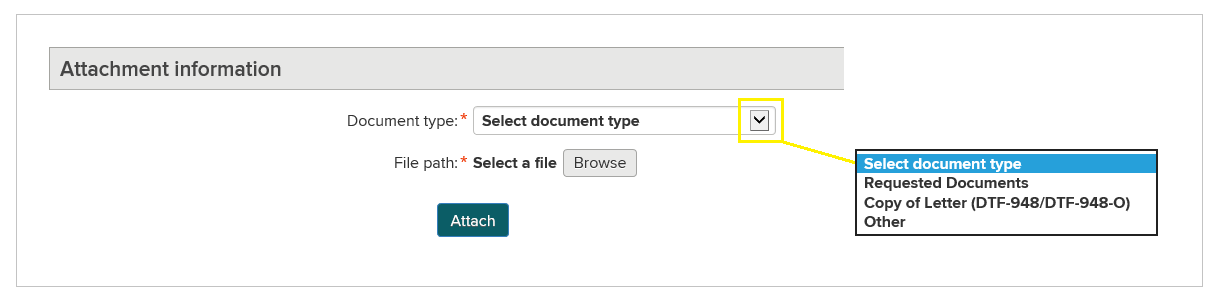 Attachment Information(첨부 정보) 섹션에서, Document type(문서 유형)으로 표시된 드롭다운 메뉴에서 다음을 선택할 수 있습니다: Requested Documents(요청된 문서), Copy of Letter(DTF-948/DTF-948.0)(서신 복사본), Other(기타).