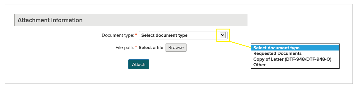 في قسم Attachment Information (معلومات المرفقات)، تحتوي القائمة المنسدلة المسماة Document type (نوع المستند) على خيارات للاختيار من بينها: Requested Documents, Copy of Letter  (DTF-948/DTF-948.0) , and Other.] (المستندات المطلوبة ونسخة من الخطاب (DTF-948 / DTF-948.0) ومستندات أخرى.