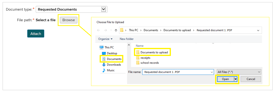 選取 Browse（瀏覽）以開啟電腦的檔案導覽視窗的範例，在此可以選取上傳的文件。