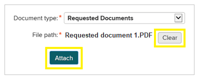O arquivo carregado tem duas opções: Clear (Limpar), para remover o upload, e Attach (Anexar), para enviar.