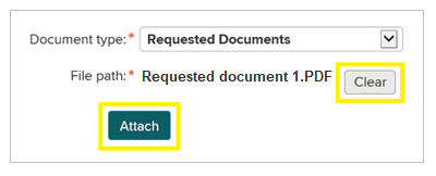 Un fichier téléchargé a deux options : Clear (Annuler) pour supprimer le fichier téléchargé, et Attach (Joindre) pour soumettre le fichier.] 