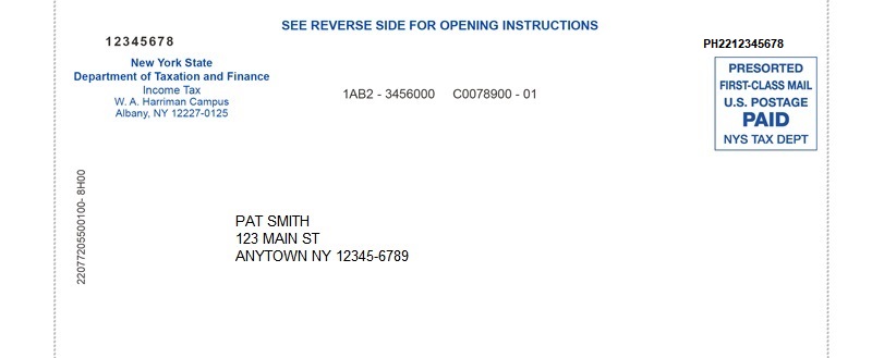 纽约州税务局所寄送支票的样本