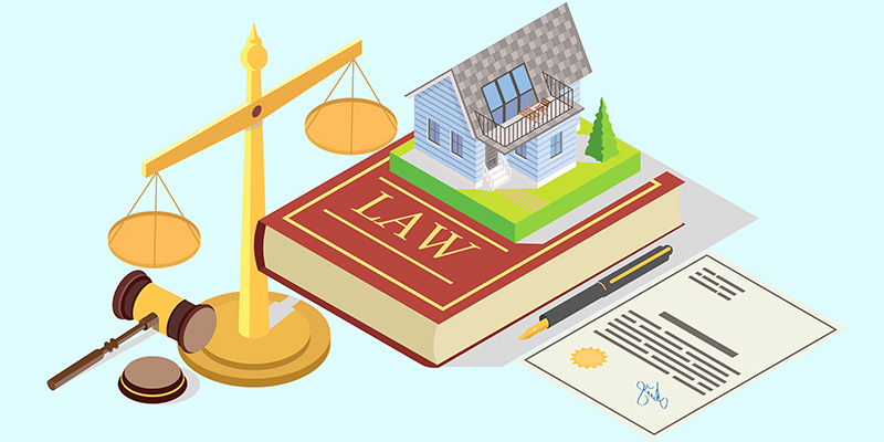 Illustration of gavel, scale, house, law book, official paper