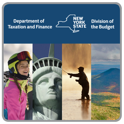 Collage of New York pictures including scenery and individuals, with Division of the Budget and Tax Department logo at the top
