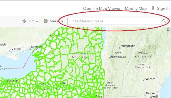 interactive online map of New York State with address field highlighted 