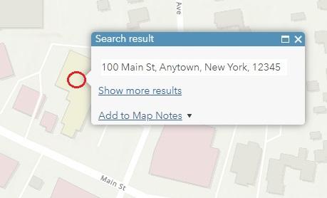 interactive online map of New York State with search result highlighted 