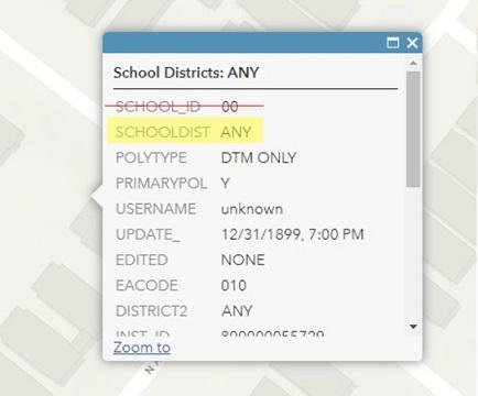 interactive online map of New York State with school district field highlighted 