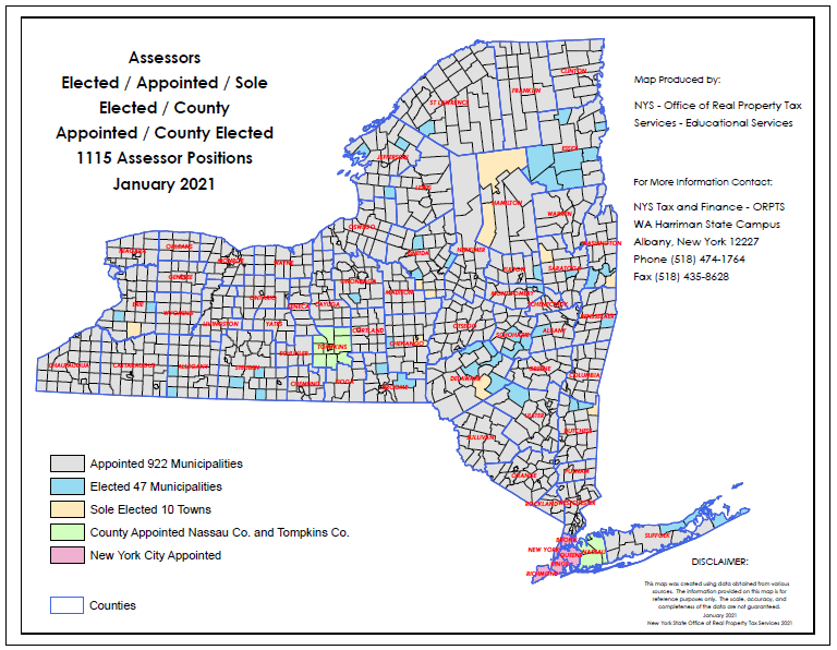 map of New York State assessors divided into how they received their position of assessor (elected, appointed, sole)