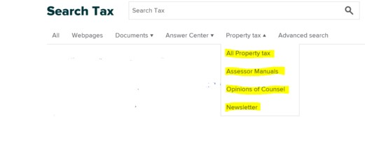 Focused search tax feature with highlighted examples of Property Tax searches