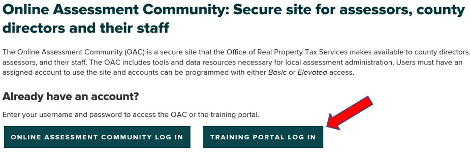 Training portal log in button on the Online Assessment Community landing page on the Tax Department site