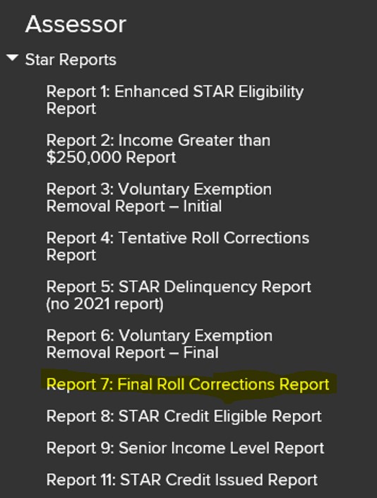 Assessor STAR reports menu within the Online Assessment Community secure site with Reports 1-9 listed and Report 7 highlighted. Report 11 also listed. No Report 10