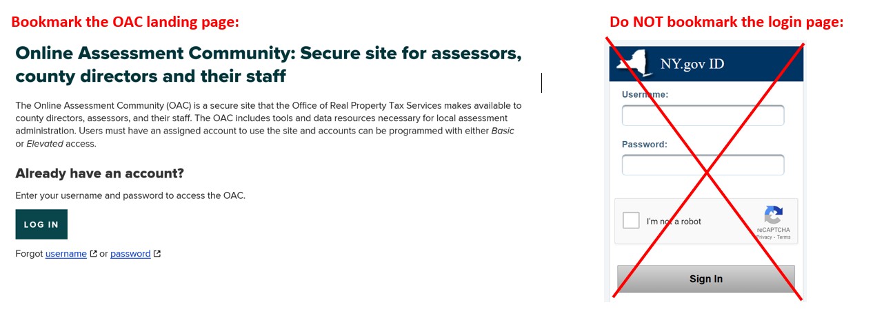Composite of the OAC landing page on tax website vs the actual Ny.gov ID login page with red notes on which to bookmark and which not to. 