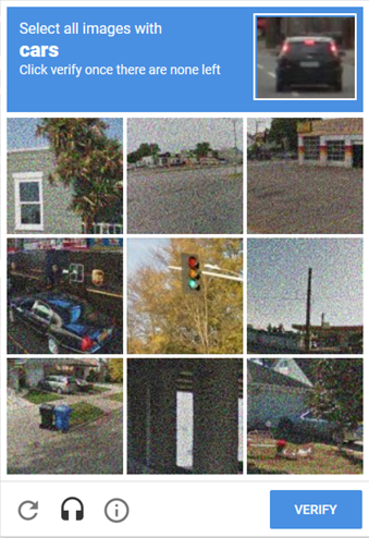 CAPTCHA that reads select all images with cars. Click verify once there are none left. A refresh icon, headphones icon, and information icon are in the bottom left of the CAPTCHA next to the button Verify.
