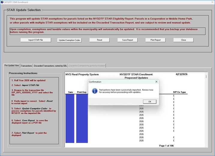 After the file is imported, the contents of the file will appear on the Pre Update View screen. If there is more than one page, you must select OK to scroll through the preview list. The number of parcels in the file will be listed at the end. Selecting OK does not update any data, and if necessary, you may select Reset to choose a different file or close out of the program without consequence.