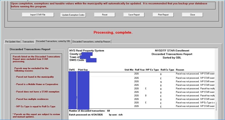 Parcels listed on the imported transaction file that did not have the exemption updated are sorted in two separate ways: SBL and Reason. To view either list, select the Discarded Transactions, sorted by SBL tab or the Discarded Transactions, sorted by Reason tab.