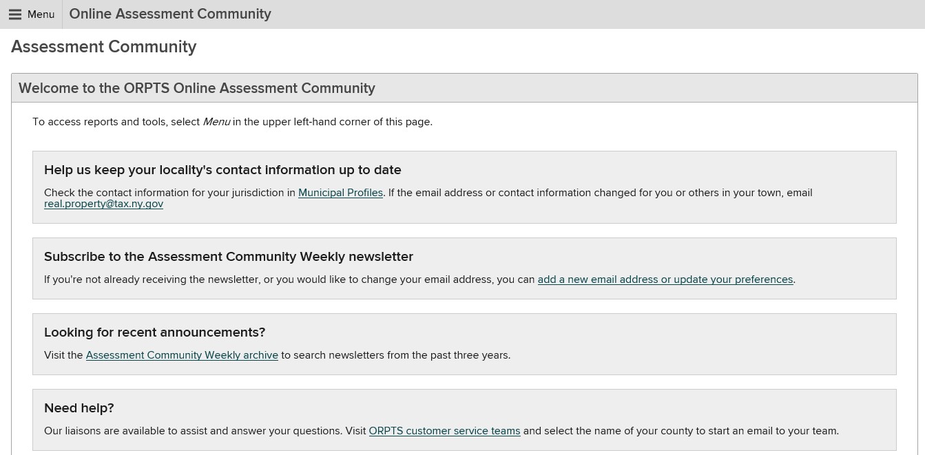 New Online Assessment Community landing page welcome main menu 