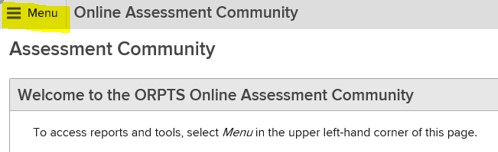 Online Assessment Community welcome menu, hamburger menu highlighted