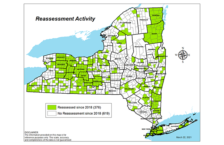 Map of NYS highlighting most recent assessment by county; data from ‘List of municipalities with reassessment activity’ PDF