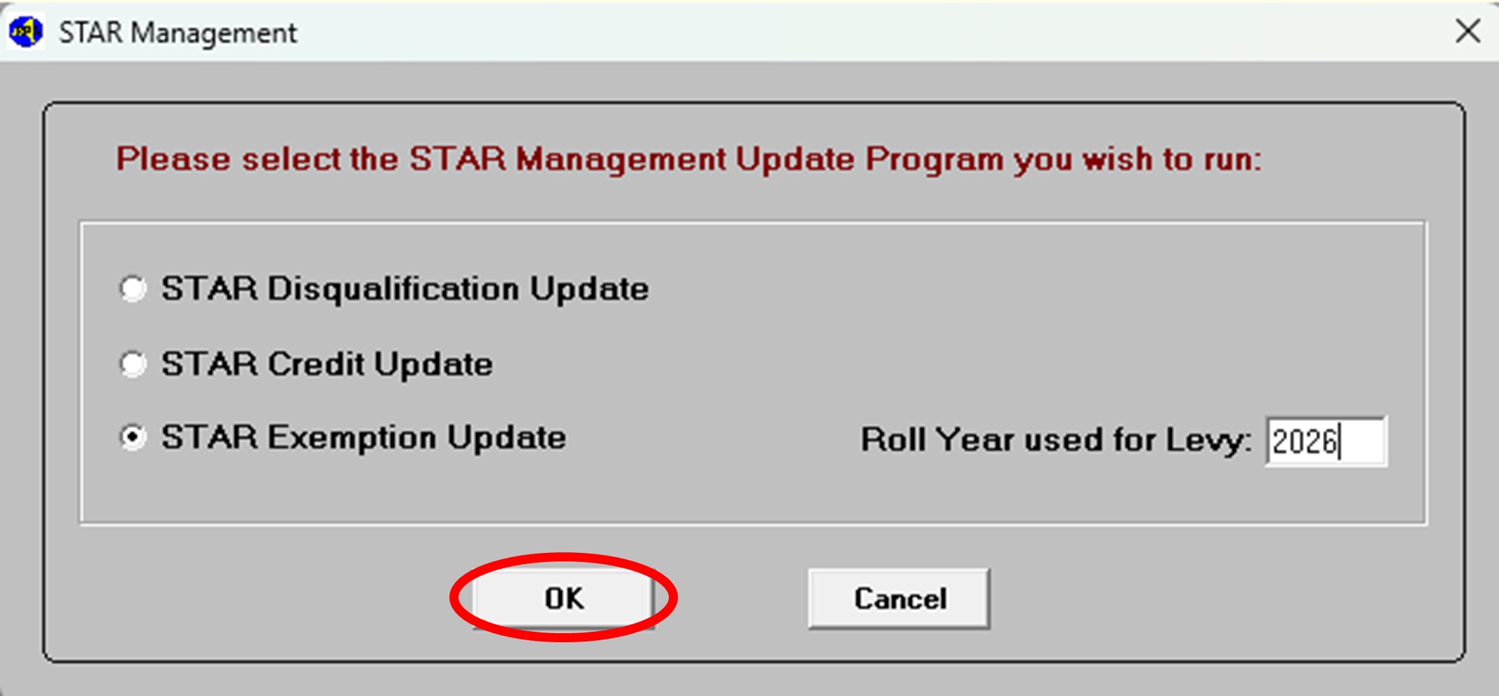 On the STAR Management screen, select STAR Exemption Update. Enter the roll year used for levy, then select OK.