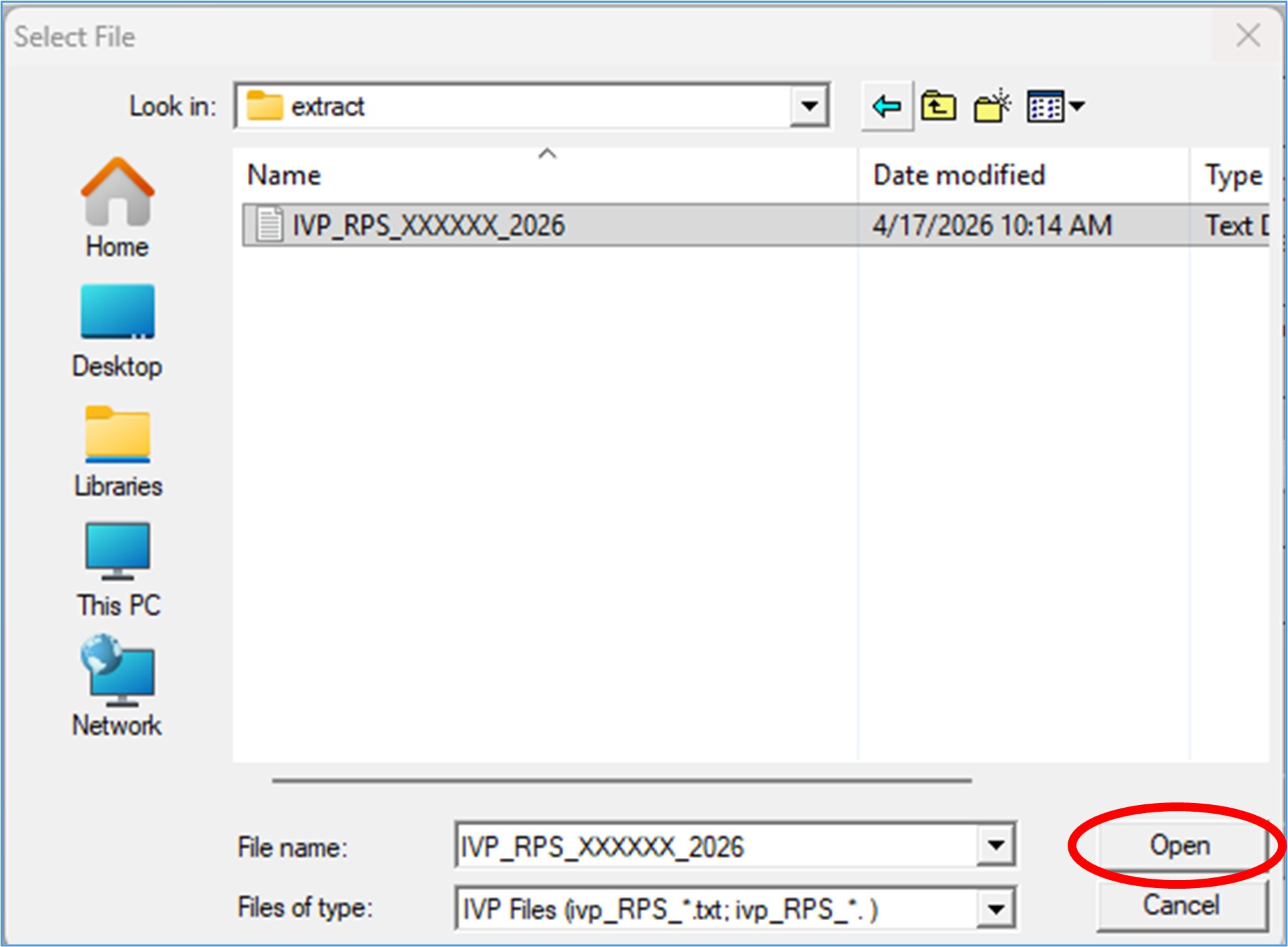 Browse to the location where you stored the RPS download transaction file. Select the file you want to import to highlight it and then, select Open.