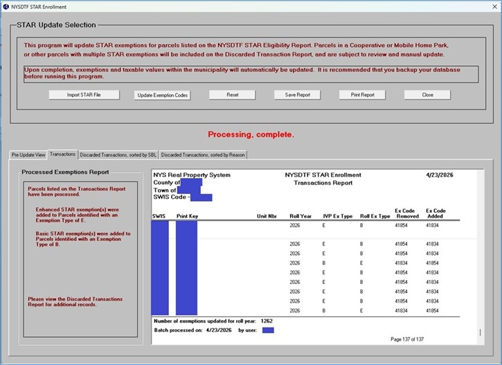 Once processing is complete, a report of updated exemptions will display on the Transactions tab. You should print and/or save the report as a PSR file because it will no longer be available after you close the utility.