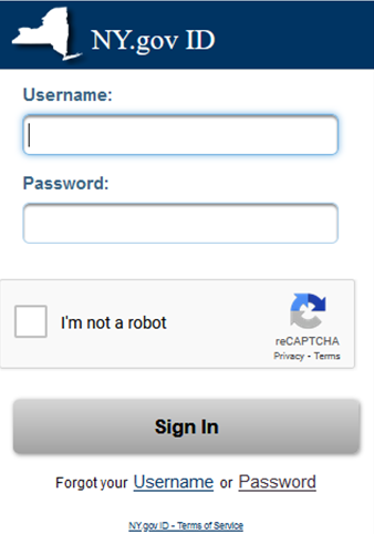 NY.gov ID sign-in box. Both the Username and password fields are blank. An unchecked box labeled I’m not a robot is below the fields. A sign in button is at the bottom of the box, with two links below it: a Forgot username link and a forgot password link.