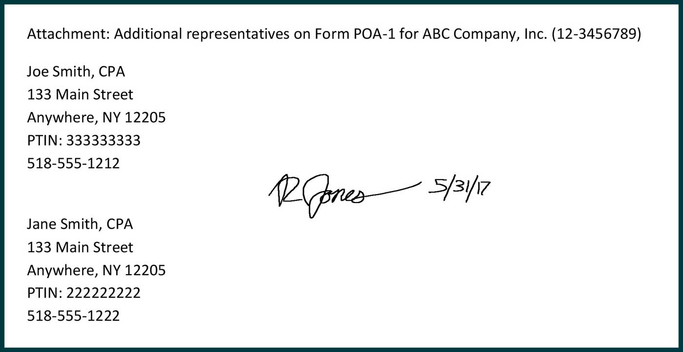 paper attachment listing the names, address, PTINS, and phone numbers of additional representatives