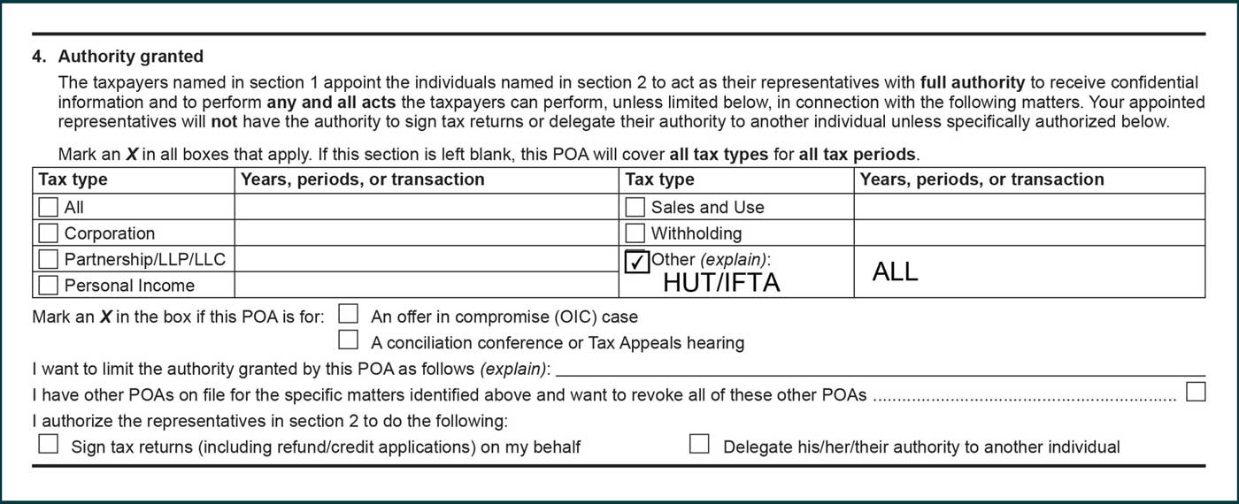 Other tax type selected with explaination of HUT/IFTA