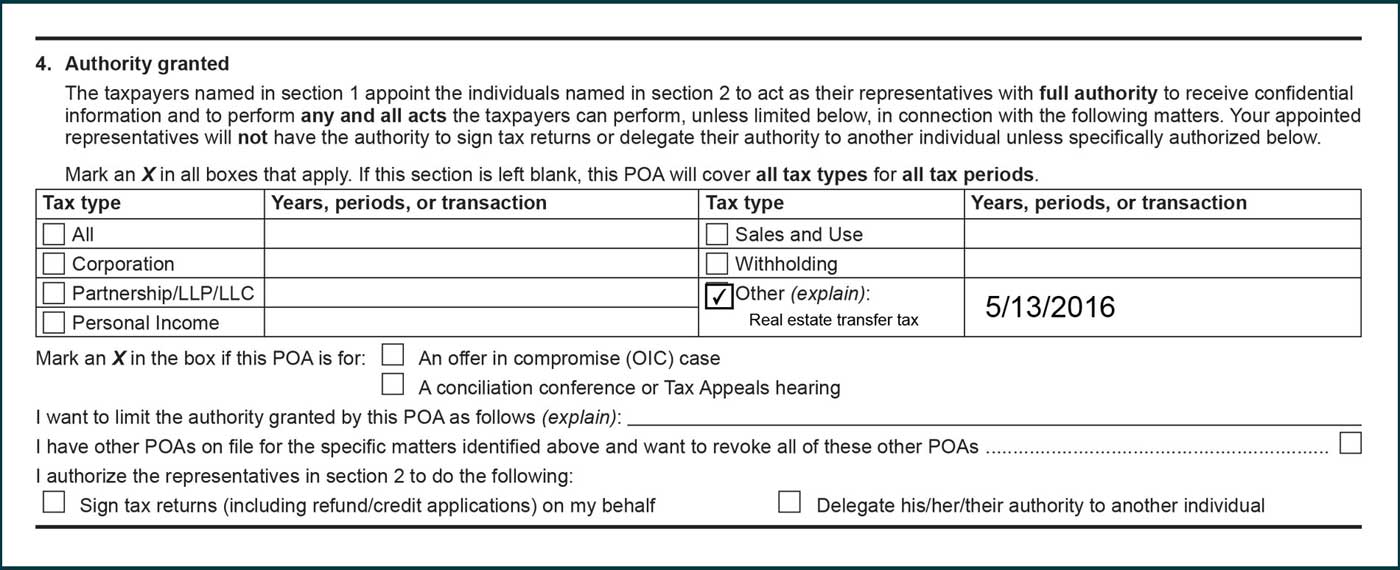 Other box selected and real estate transfer tax listed in the Tax type column. 5/13/2016 listed in the years, periods, or transaction column.