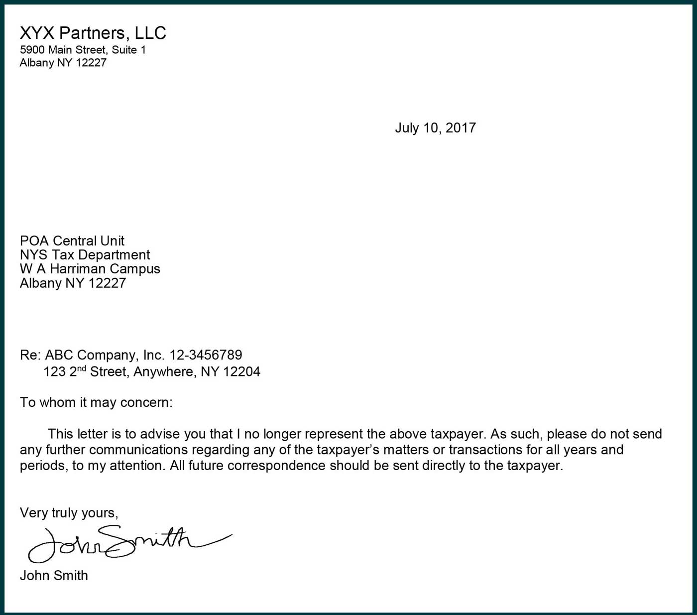 letter of withdrawal indicating where future correspondence should be sent