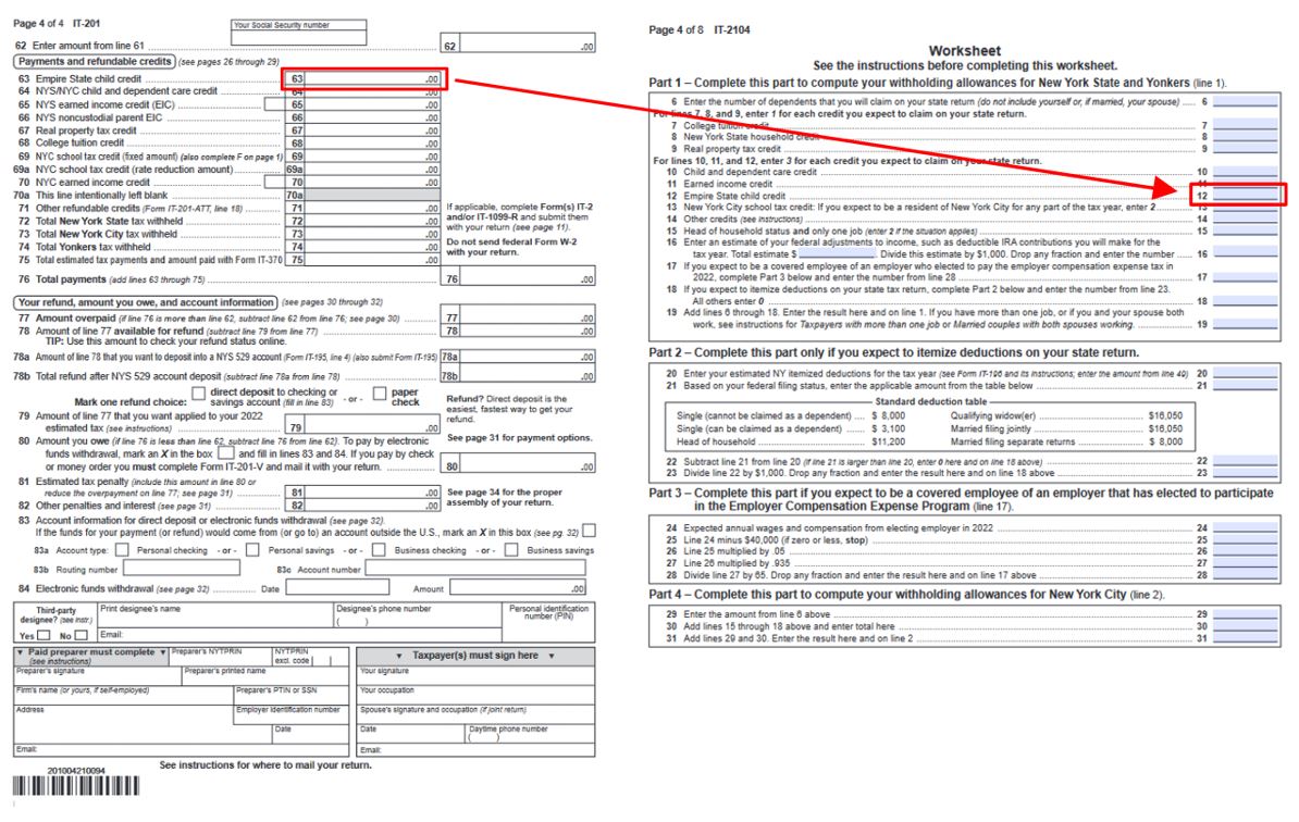 IT-201 form, line 63 with a red arrow pointing to corresponding fields in the IT-2104, line 12 worksheet